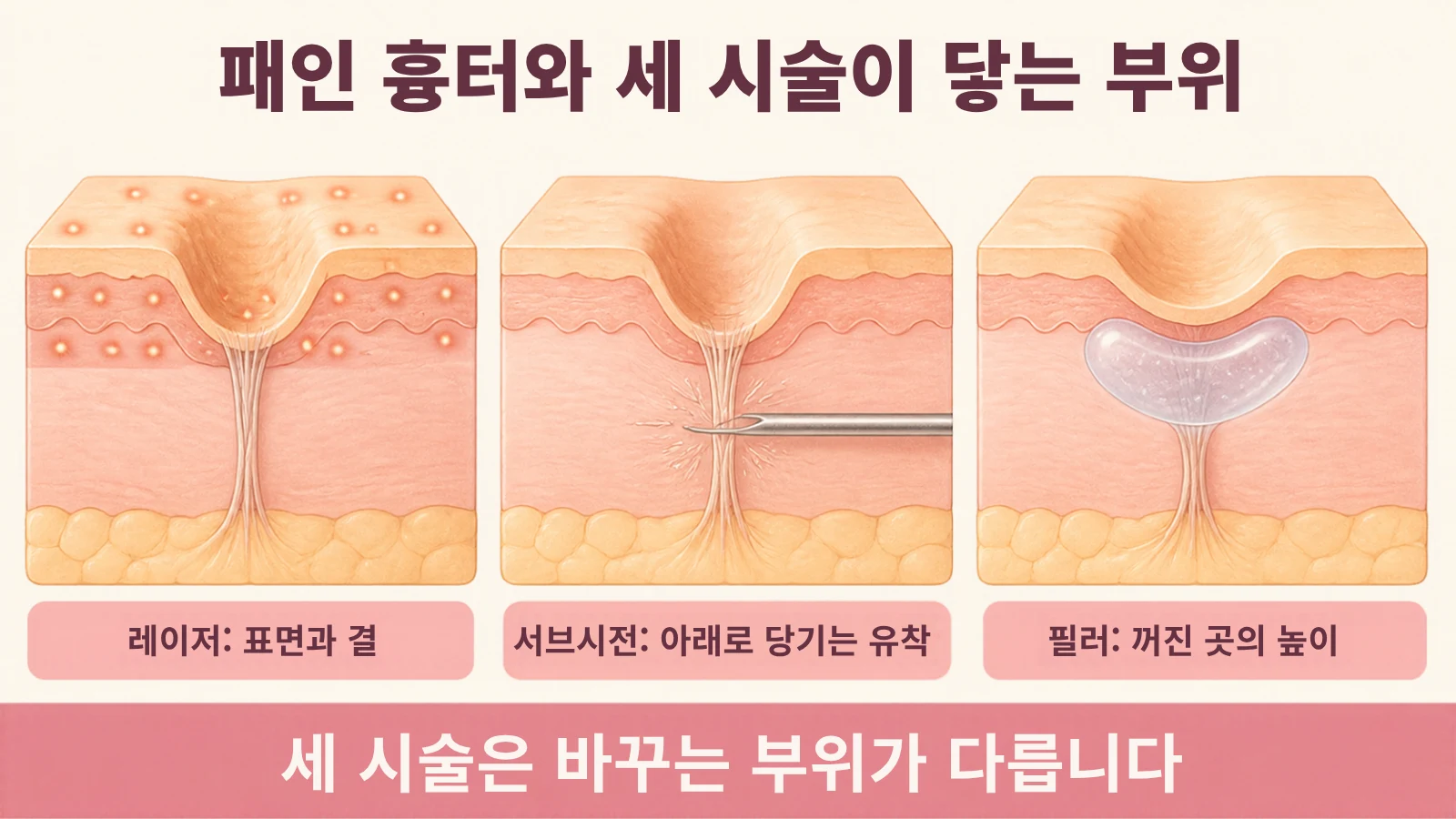 레이저의 열 자극, 서브시전의 섬유 조직 분리, 필러의 함몰 부위 보충을 비교한 피부 단면 설명 그림