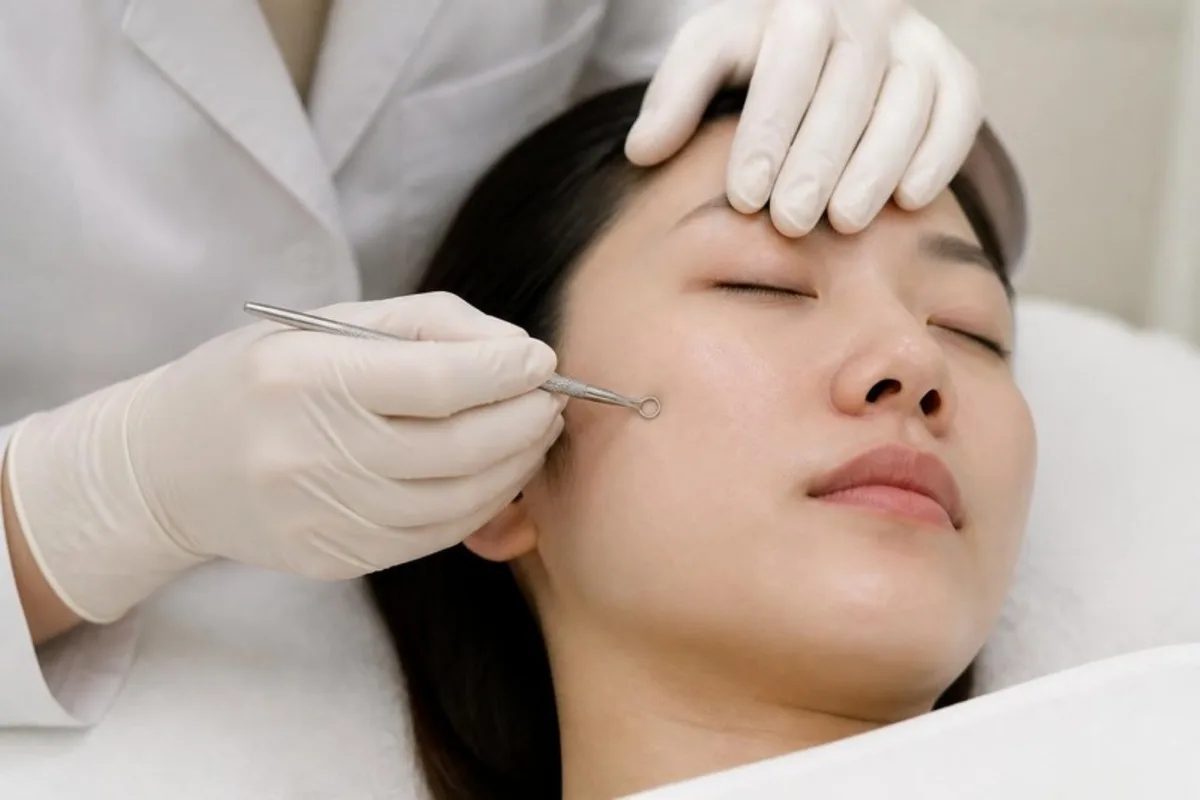 피부과 치료실에서 의사가 장갑을 끼고 압출 도구로 성인 여성 모델의 볼 쪽 피부를 관리하는 모습을 보여주는 압출 시술 예시 이미지