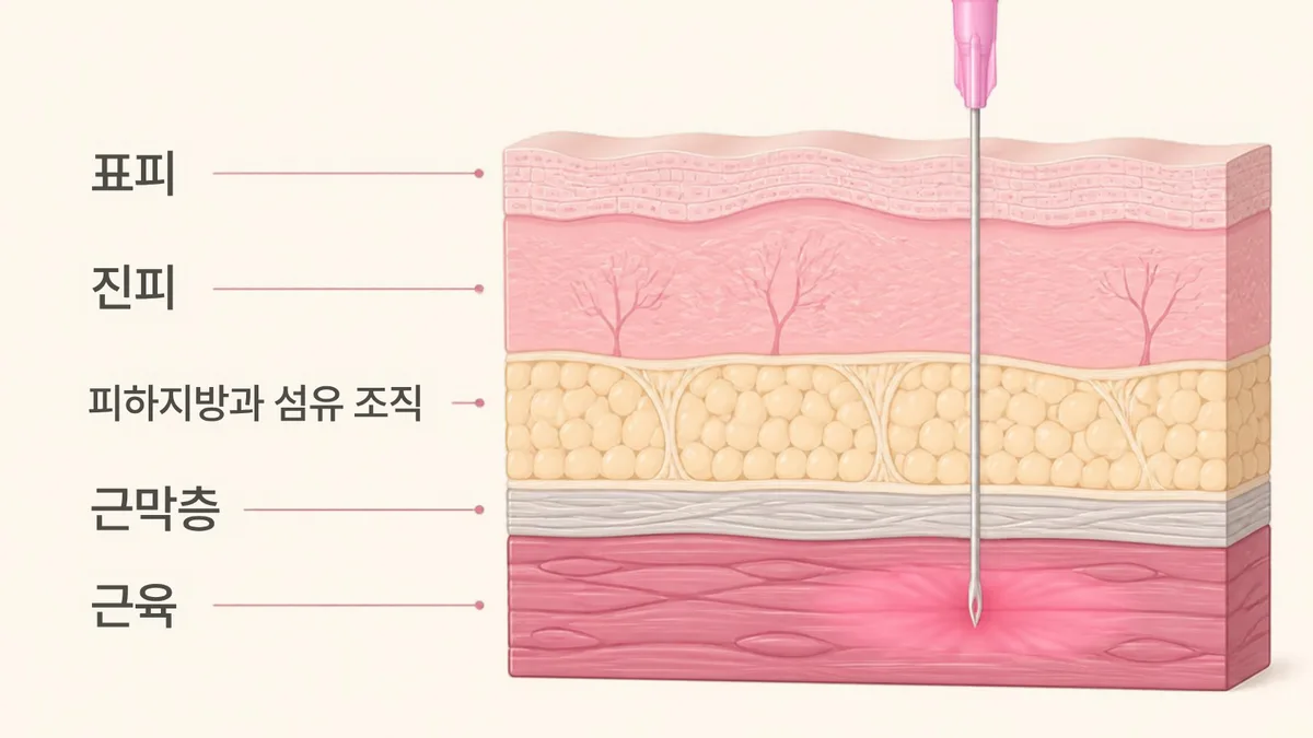 Illustration of the injection needle passing through the epidermis, dermis, subcutaneous fat and fibrous tissue, entering the muscle layer and spreading light pink liquid in the following order: epidermis, dermis, subcutaneous fat and fibrous tissue, fascia layer and muscle