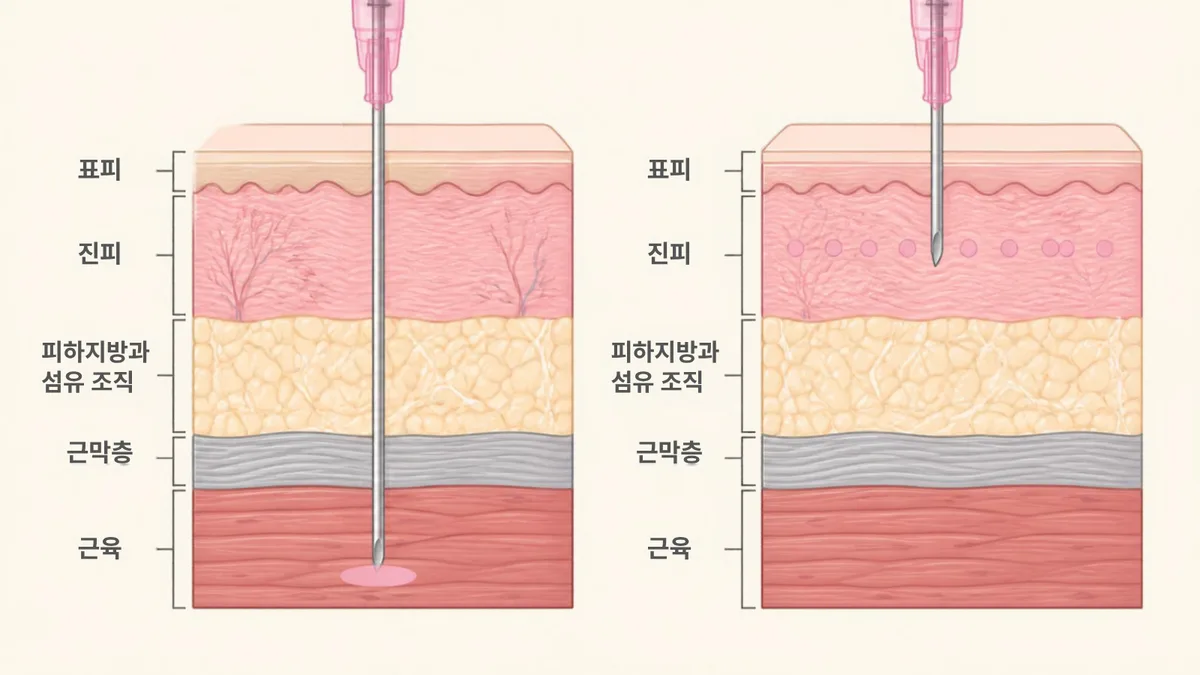 On the left, the needle enters deeply into the muscle layer, and on the right, the needle enters shallowly into the upper part of the dermis and spreads out into small dots. Two cross-sections are drawn in the order of epidermis, dermis, subcutaneous fat and fibrous tissue, fascia layer, and muscle