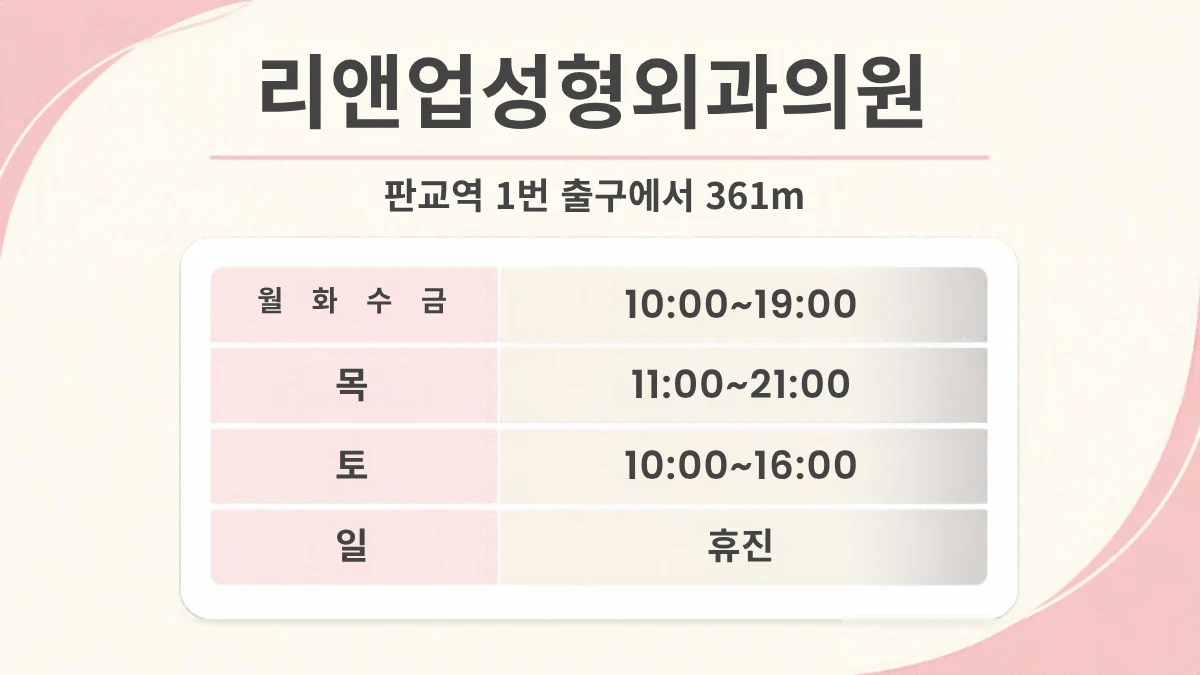 리앤업성형외과의원 진료시간 카드, 판교역 1번 출구에서 361m, 월화수금 10:00~19:00, 목 11:00~21:00, 토 10:00~16:00, 일 휴진