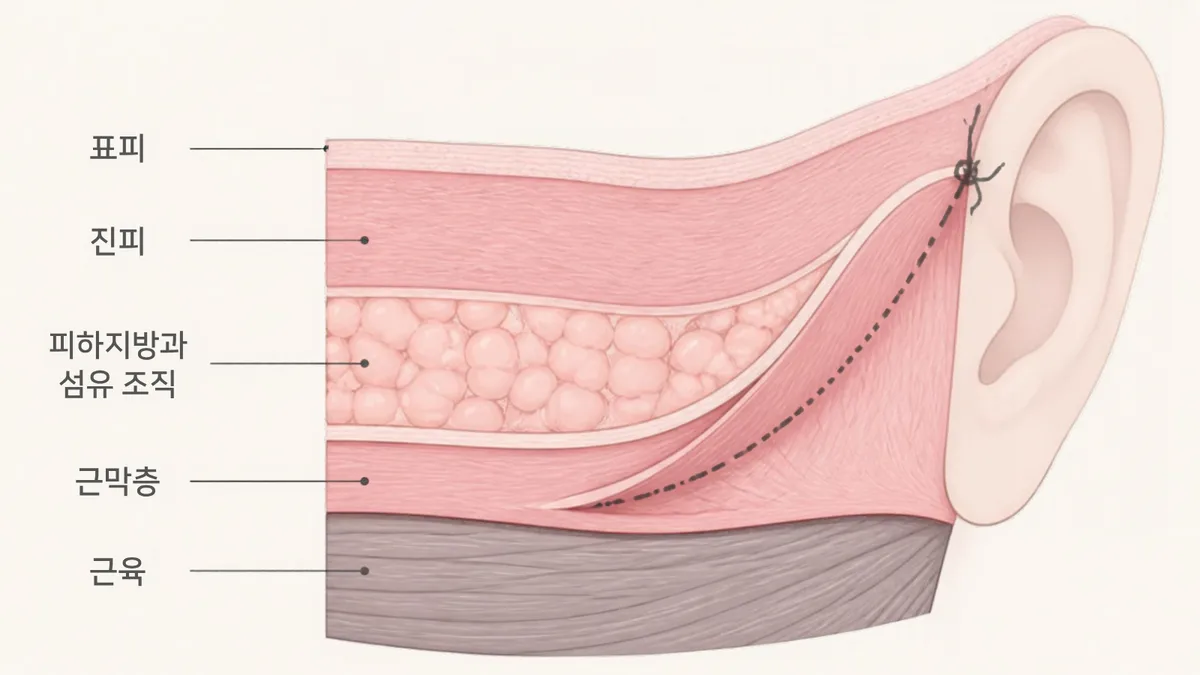 A drawing showing the skin, subcutaneous tissue, and SMAS layer being pulled together toward the ear and secured with sutures in the order of epidermis, dermis, subcutaneous tissue, fibrous tissue, SMAS layer, and muscle