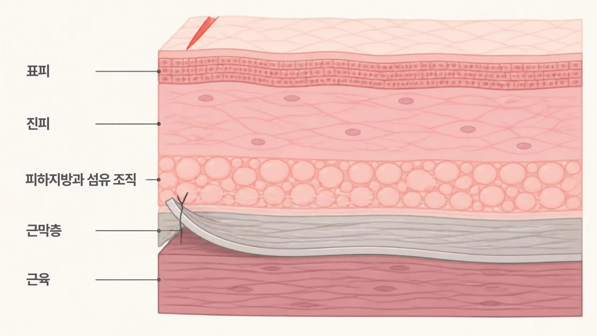 A picture drawn in the order of epidermis, dermis, subcutaneous tissue and fibrous tissue, SMAS layer, and muscle, with only a short incision mark on the top of the epidermis and a portion of the SMAS layer pulled and fixed with sutures, and the remaining layers intact.