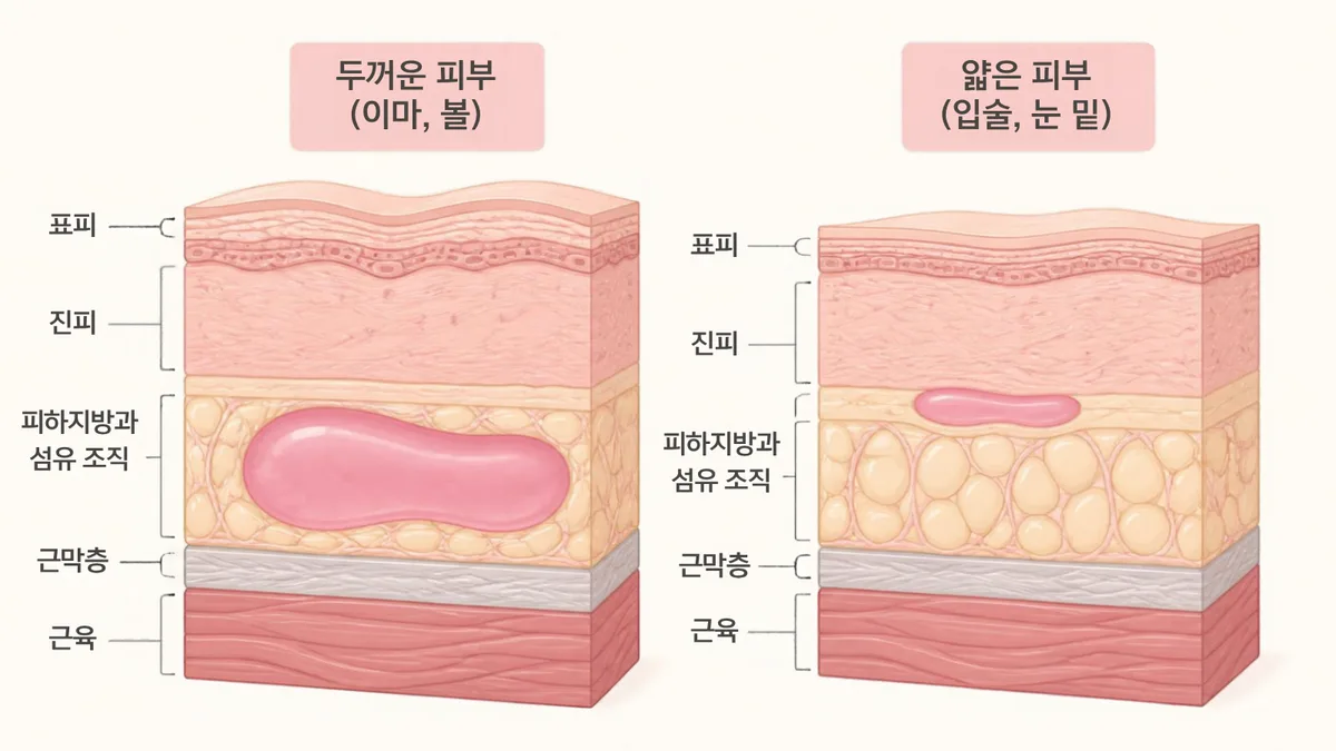두꺼운 이마와 볼 피부 단면과 얇은 입술과 눈밑 피부 단면을 나란히 놓고 각각 주사 바늘이 들어가 연분홍 젤이 퍼지는 모습을 표피, 진피, 피하지방과 섬유 조직 순서로 그린 그림