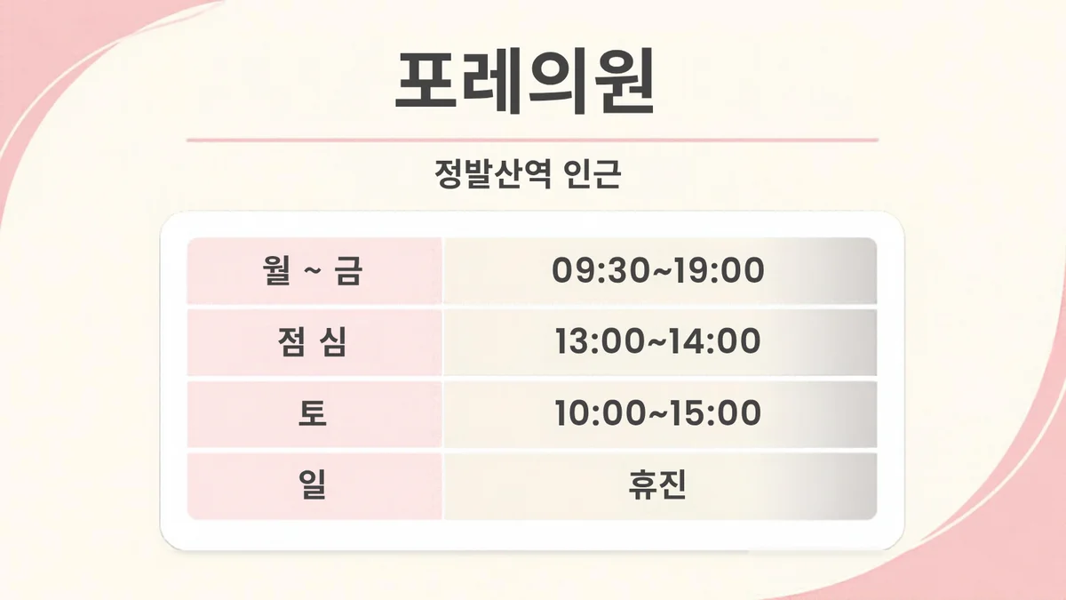 포레의원 진료시간 카드, 정발산역, 월~금 09:30~19:00, 토 10:00~15:00, 일 휴진
