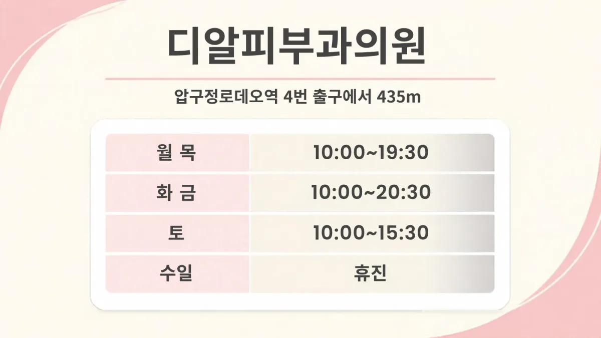디알피부과의원 진료시간 카드, 압구정로데오역 4번 출구에서 435m, 월 목 10:00~19:30, 화 금 10:00~20:30, 토 10:00~15:30, 수 일 휴진