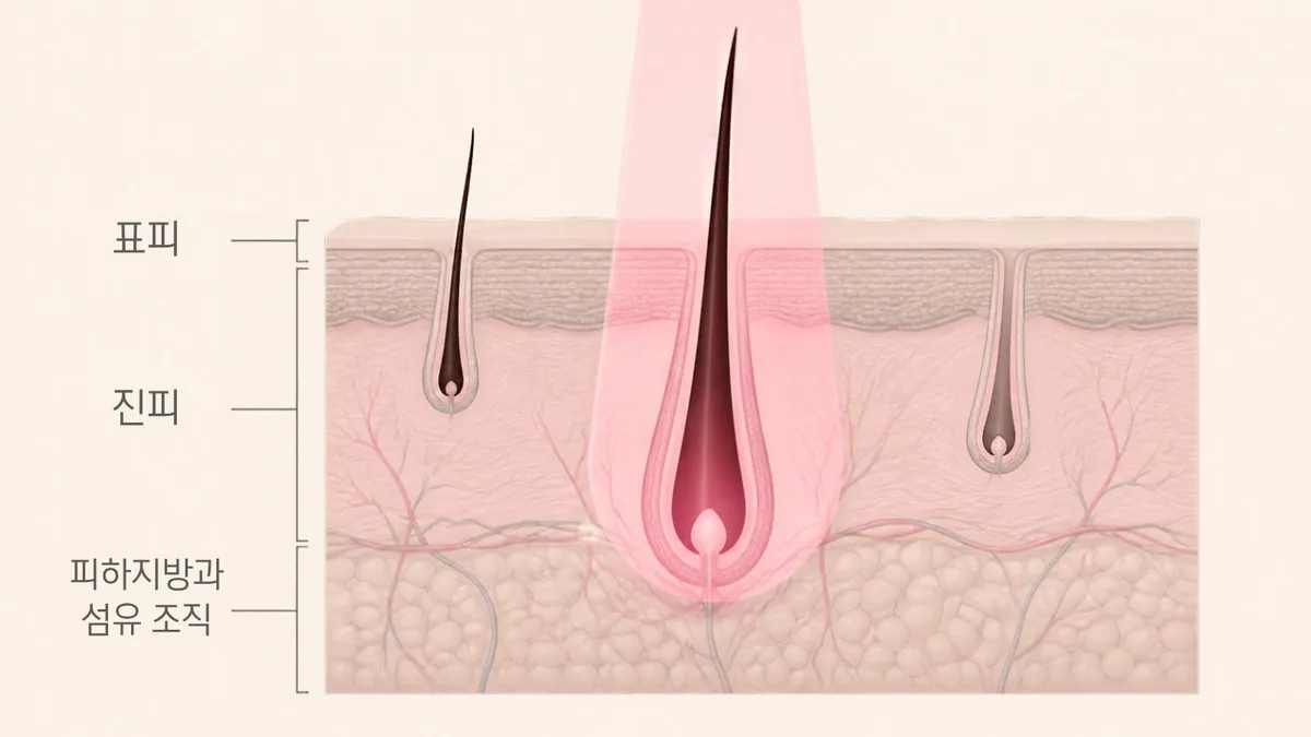 표피와 진피를 지나 피하지방과 섬유 조직까지 이어지는 세 개의 모낭과 털을 나란히 놓고, 가운데 모낭에만 레이저 빛이 닿아 털이 있는 부분이 어둡게 표시된 모습을 표피, 진피, 피하지방과 섬유 조직 순서로 그린 그림
