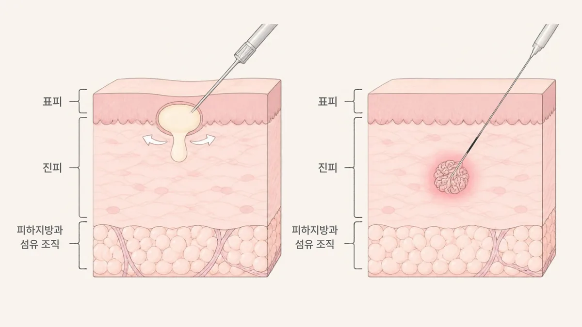 왼쪽은 표피 가까이의 작은 각질 주머니에 바늘이 들어가 내용물을 짜내는 모습, 오른쪽은 진피 안 땀샘 덩어리에 가는 바늘이 들어가 병변 안에서만 에너지가 퍼지는 모습을 표피, 진피, 피하지방과 섬유 조직 순서로 그린 그림