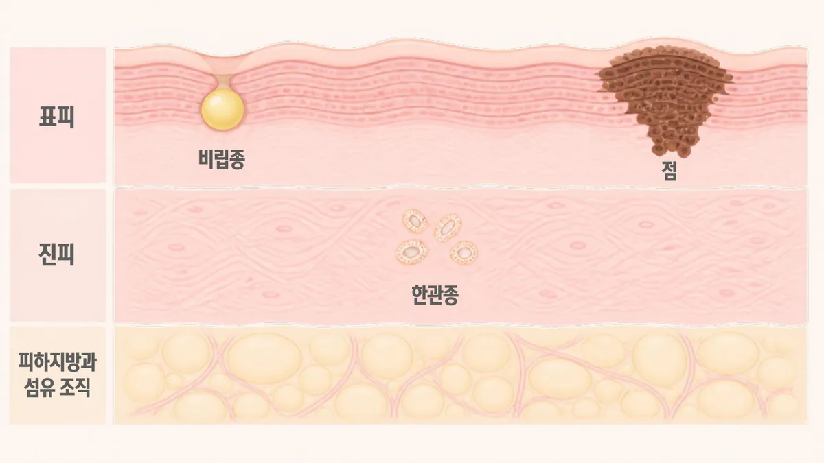 표피 바로 아래의 작은 각질 주머니, 진피 안의 작은 땀샘 덩어리, 표피와 진피에 걸친 색소 덩어리가 각각 다른 깊이에 있는 모습을 표피, 진피, 피하지방과 섬유 조직 순서로 그린 그림