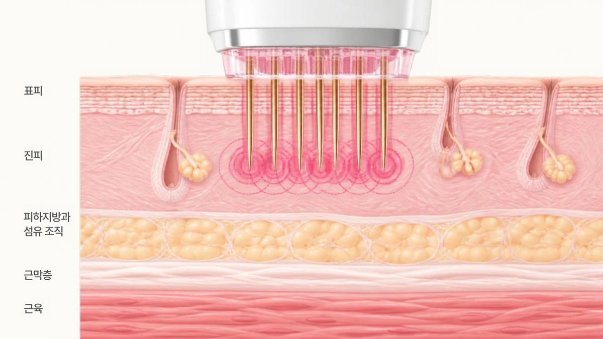 Illustration of several thin needles of the RF microneedling handpiece passing through the epidermis and entering the dermis, with heat spreading around the tip of the needle in the following order: epidermis, dermis, subcutaneous fat and fibrous tissue, fascial layer, and muscle