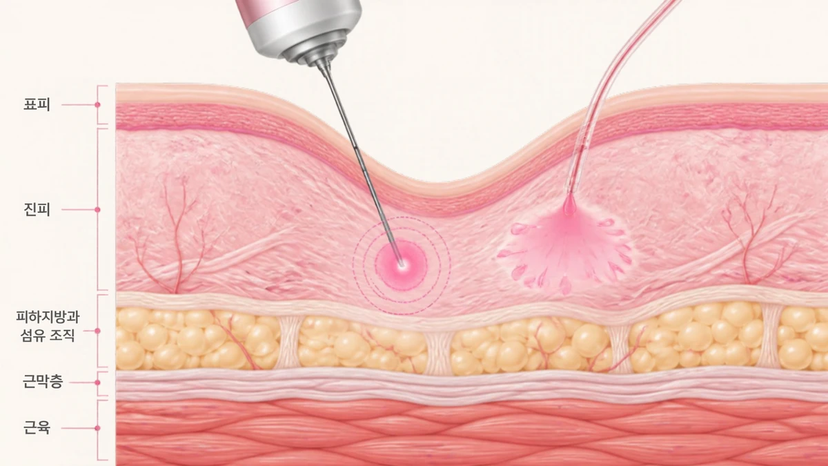 Illustration of a high-frequency needle entering the dermis of the acne scar area, spreading heat, and spreading the drug through a thin tube from the side in the following order: epidermis, dermis, subcutaneous fat and fibrous tissue, fascial layer, and muscle