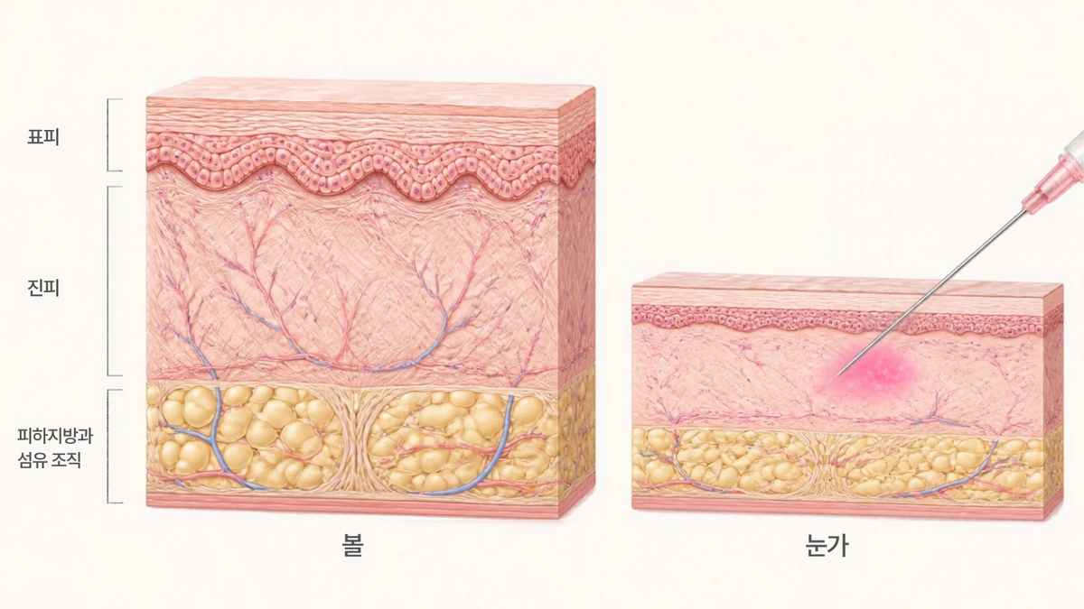 A cross-section of thick cheek skin and a thin cross-section of eye area skin are placed side by side, and an injection needle is inserted into the upper part of the eye area dermis, and light pink liquid is spread, drawing in the order of epidermis, dermis, subcutaneous fat and fibrous tissue