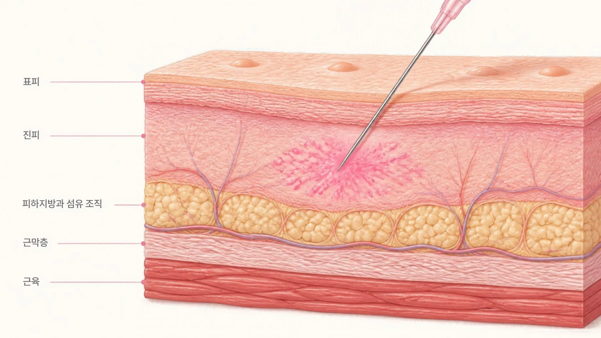 A drawing depicting a thin injection needle passing through the epidermis and entering the dermis, light pink liquid spreading from the tip of the needle, and small injection bumps appearing on the skin surface in the following order: epidermis, dermis, subcutaneous fat and fibrous tissue, fascial layer, and muscle