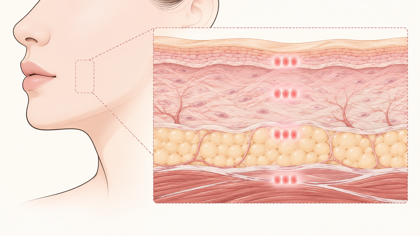 피부 단면에서 슈링크 유니버스 얼굴용 카트리지의 1.5mm, 2.0mm, 3.0mm, 4.5mm 목표 깊이를 점으로 구분해 보인 설명 그림