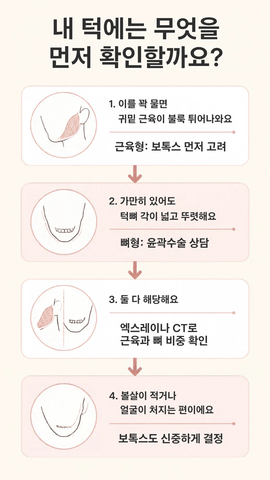 이를 꽉 물었을 때의 근육, 가만히 있을 때의 턱뼈 모양, 볼살과 처짐을 진찰에서 확인하는 설명 그림
