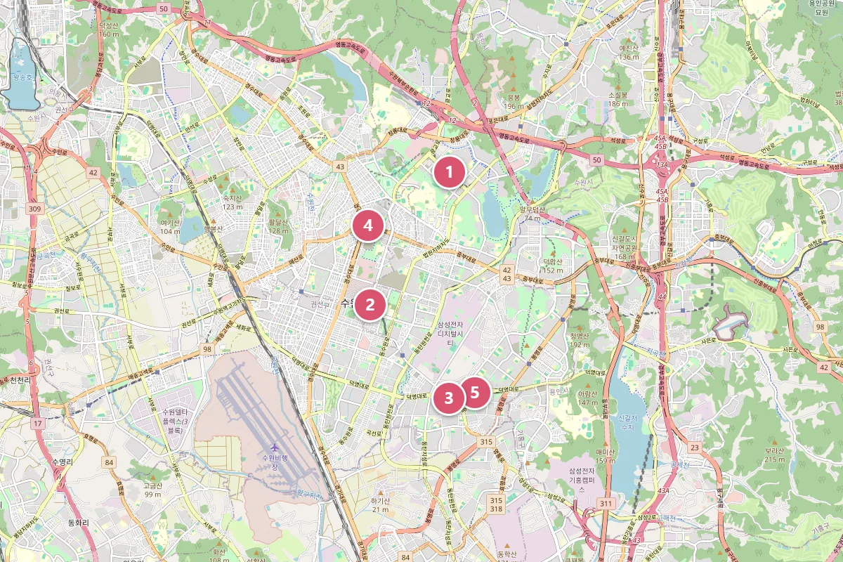 Location map of 5 recommended Suwon Shrink locations, YOU&I Clinic Gwanggyo towards Gwanggyo Jungang Station, Toxnfill Clinic Suwon Ingye towards Suwon City Hall Station, Olpichae Clinic Suwon and Ochean Dermatology Clinic Suwon towards Mangpo Station, Celting Clinic Gyeonggi Suwon in Uman-dong
