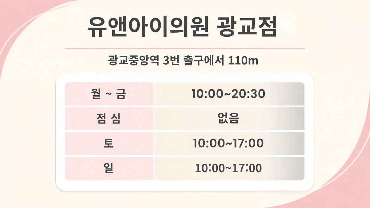 YOU&I Clinic Gwanggyo clinic hours card, 110m from Exit 3 of Gwanggyo Jungang Station, weekdays 10:00~20:30, weekends and holidays 10:00~17:00