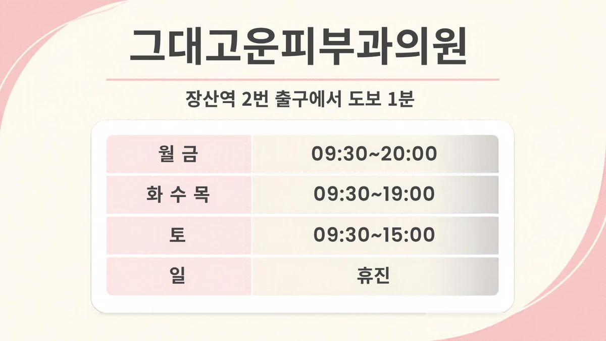 Geudaegoun Dermatology Clinic opening hours card, 1-minute walk from Exit 2 of Jangsan Station, Mon, Fri 09:30~20:00, Tue, Wed, Thu 09:30~19:00, Sat 09:30~15:00, Sun closed