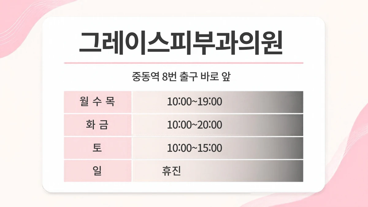 Gray's Dermatology Clinic opening hours card, right in front of Exit 8 of Jungdong Station, Mon, Wed, Thu 10:00~19:00, Tue, Fri 10:00~20:00, Sat 10:00~15:00, Sun closed