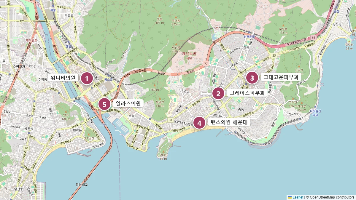 Location map of the five recommended Thermage clinics in Haeundae: No. 1 Wannabe Clinic and No. 5 Ilas Clinic are near Centum City Station, and No. 2 Gray's Dermatology, No. 3 Geudaegoun Dermatology, and No. 4 Vance Clinic are in Jungdong and Jwa-dong toward Haeundae Beach