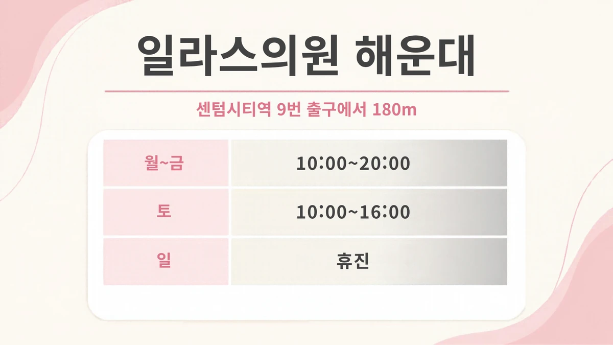 Ilas Clinic Haeundae opening hours card, 180 m from Exit 9 of Centum City Station, Mon~Fri 10:00~20:00, Sat 10:00~16:00, Sun closed