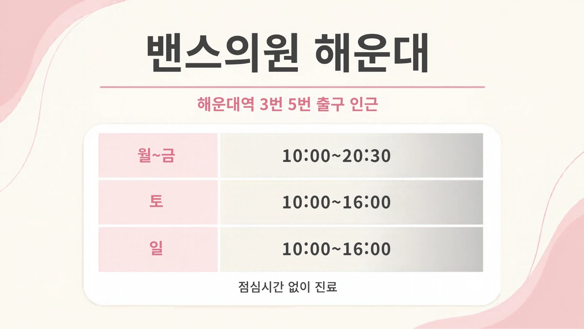 Vance Clinic Haeundae opening hours card, near Exits 3 and 5 of Haeundae Station, Mon~Fri 10:00~20:30, Sat 10:00~16:00, Sun 10:00~16:00, open with no lunch break