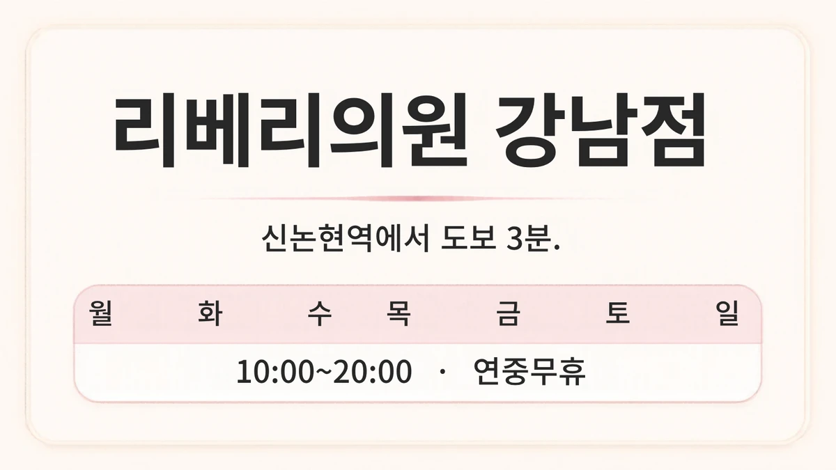 Reberry Clinic Gangnam location and clinic hours card, 3-minute walk from Shinnonhyeon Station, 10:00-20:00 daily from Monday to Sunday, open all year round