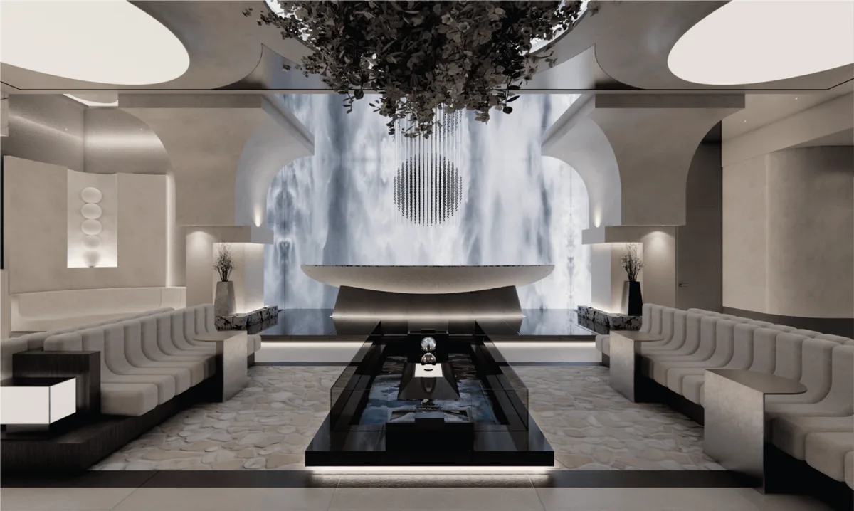 Reberry Clinic Gangnam lobby rendering, plant decoration on the ceiling, reception desk in front of the waterfall image wall, gray-white sofas on both sides