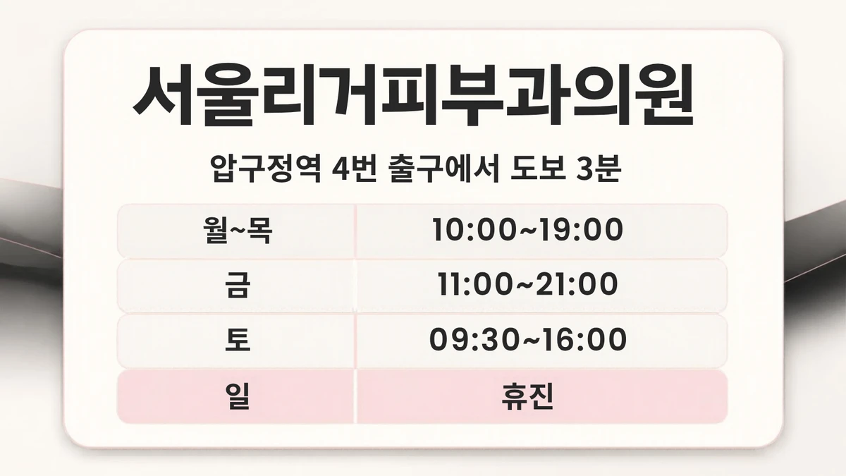 SeouLeaguer Dermatology Clinic location and clinic hours card, 3-minute walk from Exit 4 of Apgujeong Station, Mon~Thu 10:00~19:00, Fri 11:00~21:00, Sat 09:30~16:00, closed on Sun